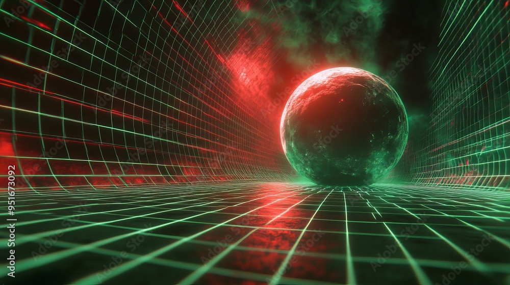 A glowing sphere within a vibrant grid space during a digital exploration A glowing sphere within a vibrant grid space during a digital exploration