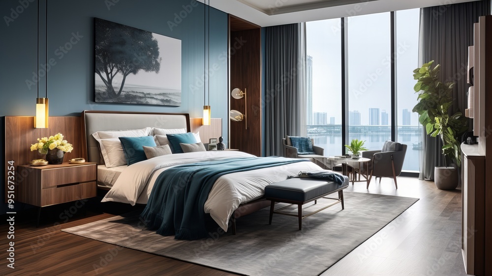 Fototapeta premium Luxury hotel bedroom with blue accents, large window overlooking city skyline and water view