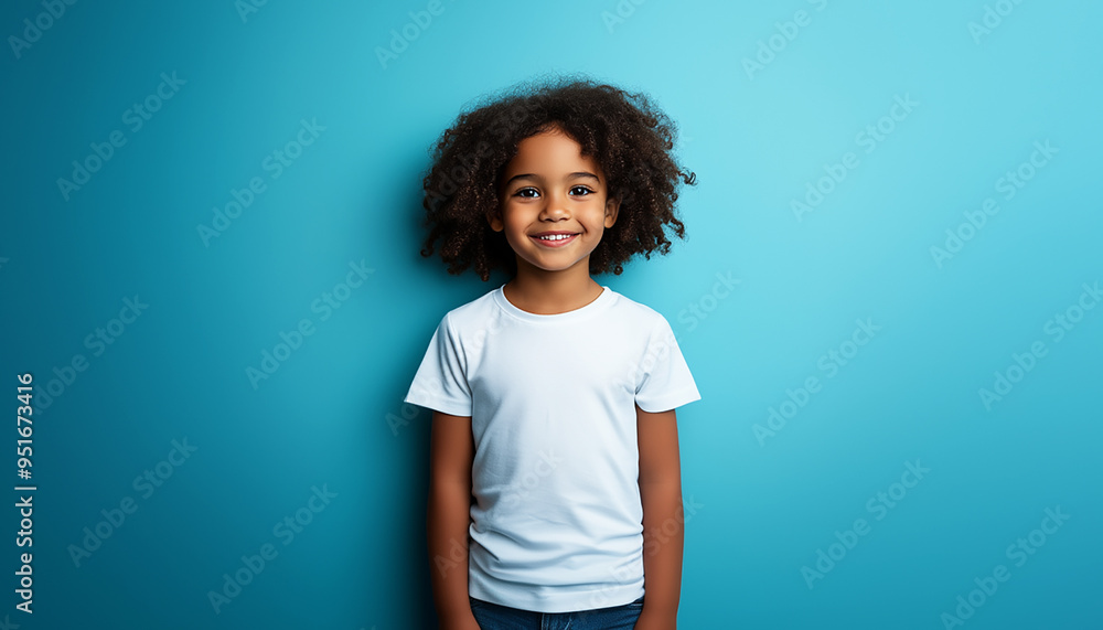 Male boy kid child smiling wearing white plain t-shirt mockup with blue background. Place your design or logo on the shirt. AI generated. Male boy kid child smiling wearing white plain t-shirt mockup with blue background. Place your design or logo on the shirt. AI generated.