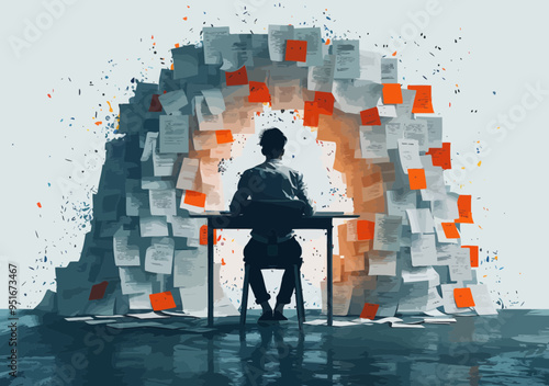 Businessman Surrounded by Floating Papers, Conceptual Brain Representation, Intellectual Work and Creativity, Minimalistic Vector Illustration