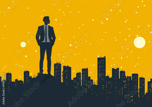 Business Leader Overlooks City Skyline at Night, Strategic Growth Presentation Concept, Motivational Minimalistic Vector Illustration