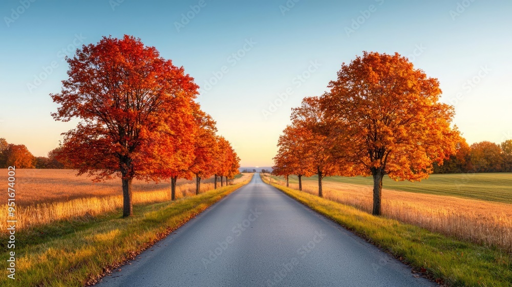 A quiet country road lined with trees in their full autumn glory A quiet country road lined with trees in their full autumn glory