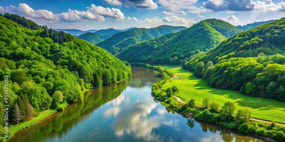 Scenic view of a river flanked by lush green hills and forest, river, hills, greenery, trees, nature, scenic, landscape