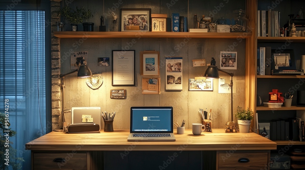 A cozy home office with a small desk, a laptop, and a coffee mug. The space is personalized with family photos and decorative items. A cozy home office with a small desk, a laptop, and a coffee mug. The space is personalized with family photos and decorative items.