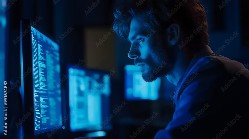 A focused IT developer with a serious expression works late into the night, surrounded by multiple computer screens. A focused IT developer with a serious expression works late into the night, surrounded by multiple computer screens.