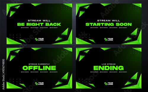 Green and black Twitch stream overlay pack,  offline, starting soon, be right back and ending screens.