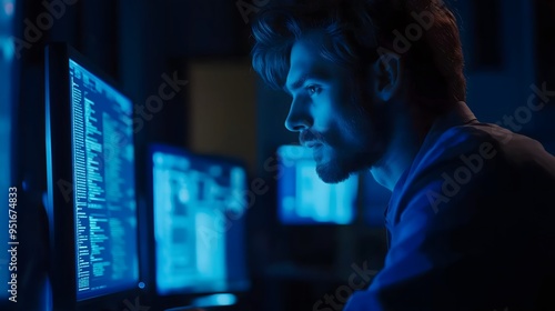 A focused IT developer with a serious expression works late into the night, surrounded by multiple computer screens. photo