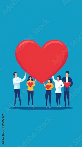 HR management and well-being, flat design, isolated background, figures holding heart symbols, blue background, close-up, studio lighting