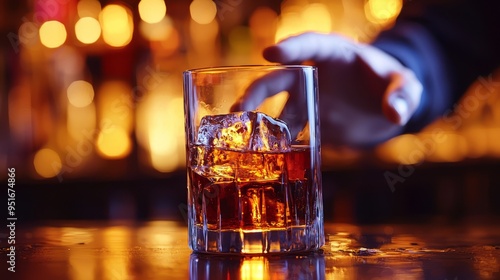 Whiskey glass with ice on bar counter under warm lighting photo