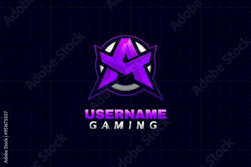 Gaming logo design with purple star and circle on dark background