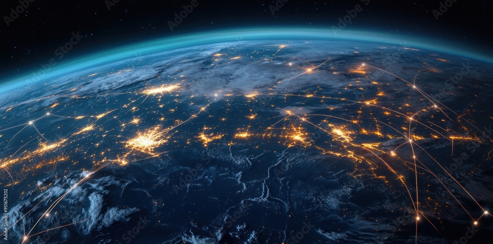 Fototapeta premium Satellite imagery of global aerospace trade routes, highlighting industry scope and supply chain visualization