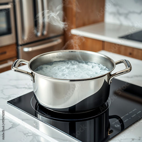 Stainless Steel Pot Boiling Water on Modern Induction Cooktop in Kitchen photo