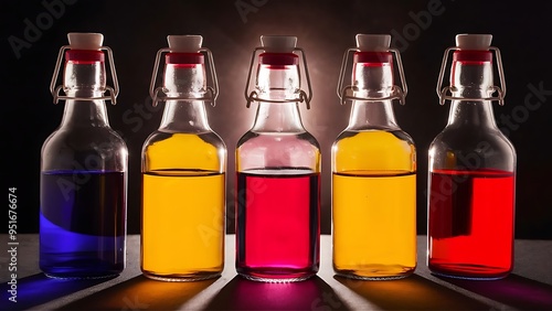 Wallpaper Mural Low angle view of glass bottles with multicolored liquid on dark background with back light Torontodigital.ca