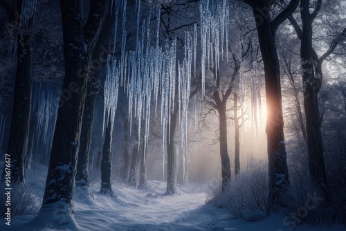 winter forest with icicles hanging on frozen trees