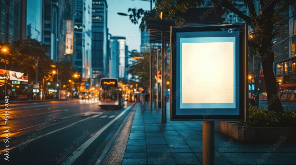 Fototapeta premium Urban evening scene featuring a blank advertisement board along a busy street in a modern city