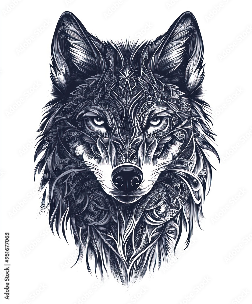 A detailed illustration of a wolf's head featuring intricate patterns and textures. A detailed illustration of a wolf's head featuring intricate patterns and textures.