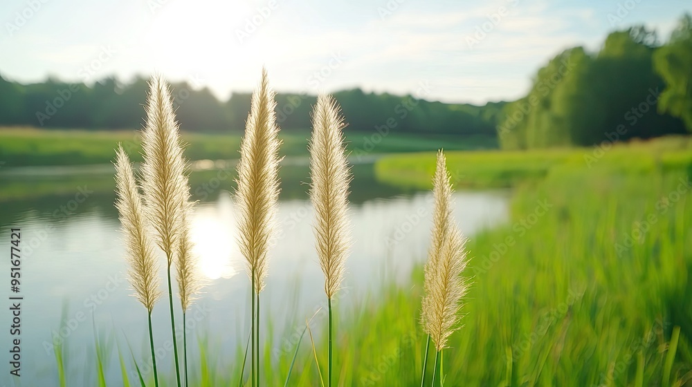 Peaceful natural scene featuring pampas grass by a tranquil lake, surrounded by lush greenery and soft sunlight.