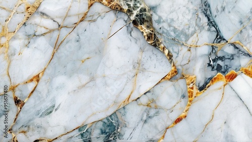 Close-up of a marble surface with a swirling pattern of white, gray, and gold veins.