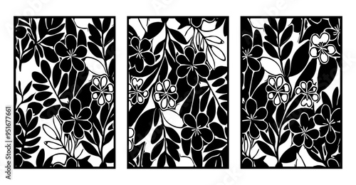 Black and white botanical pattern. For use in graphics, materials. Abstract plant shapes. Minimalist illustration for printing on wall decorations.