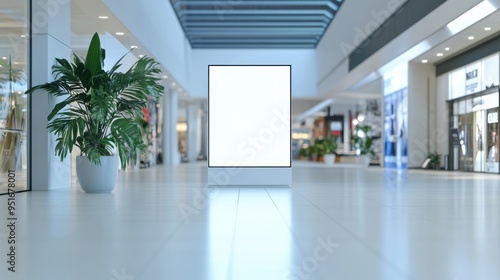 Bright, vacant advertising display in a modern shopping mall corridor during daytime