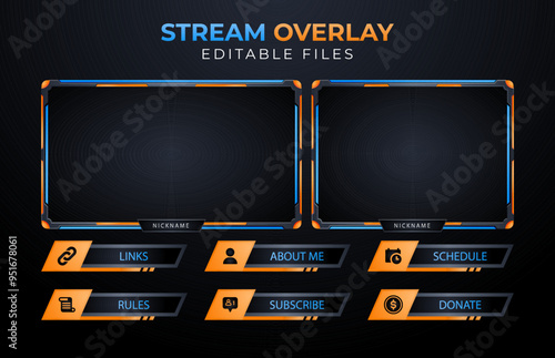 Modern Twitch Stream Overlay with Blue and Orange Design, Editable Template