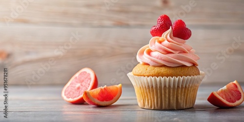 Cupcake with a slice of grapefruit on top and heart s around it , cupcake, grapefruit, slice, hearts,dessert, sweet, colorful photo