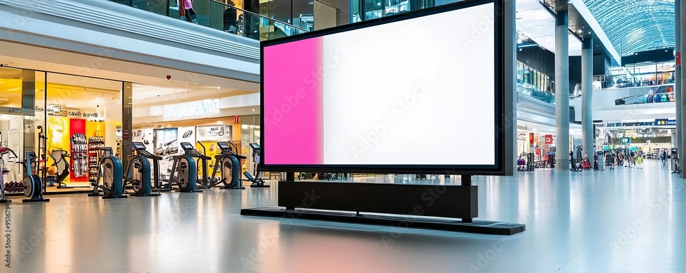 Billboard with a fitness equipment ad at a mall with a sporting goods store, active audience, lifestyle marketing Billboard with a fitness equipment ad at a mall with a sporting goods store, active audience, lifestyle marketing