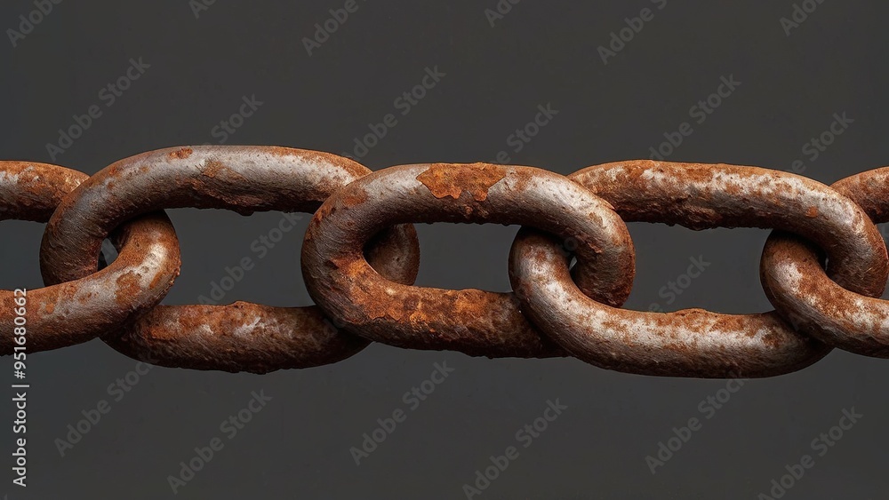 Close-up of a rusty chain with five interconnected links against a dark grey background. Close-up of a rusty chain with five interconnected links against a dark grey background.
