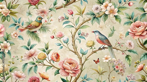 Fototapeta Naklejka Na Ścianę i Meble -  Vintage floral Chinoiserie pattern with spring flowers and birds in muted colors, Bloom, Vintage, Floral, Chinoiserie, Pattern