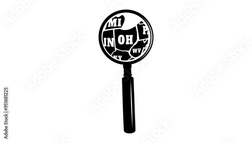 OHIO state map in magnifying glass, black isolated silhouette