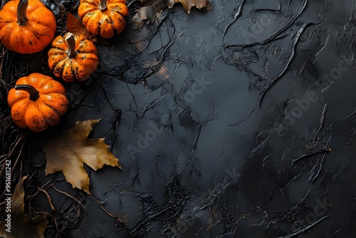 Autumn Halloween Pumpkins and Leaves on Dark Textured Background  Seasonal fall decor with spooky moody and rustic elements  Modern minimalist and stylish composition with copy space photo