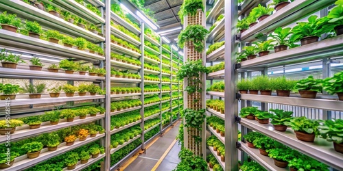 A detailed and vibrant stock photo of a vertical farming system in a urban setting, urban, agriculture, sustainability