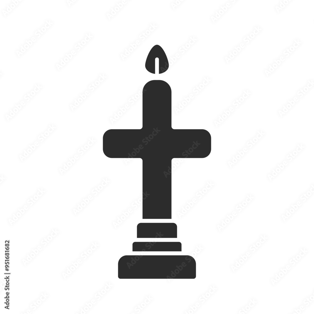 Cross shaped lit candle on a candlestick icon. Symbol of prayer, mourning, sorrow. Church equipment. Silhouette pictogram for web, mobile, logo. Vector illustration isolated on white background Cross shaped lit candle on a candlestick icon. Symbol of prayer, mourning, sorrow. Church equipment. Silhouette pictogram for web, mobile, logo. Vector illustration isolated on white background