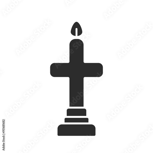 Cross shaped lit candle on a candlestick icon. Symbol of prayer, mourning, sorrow. Church equipment. Silhouette pictogram for web, mobile, logo. Vector illustration isolated on white background