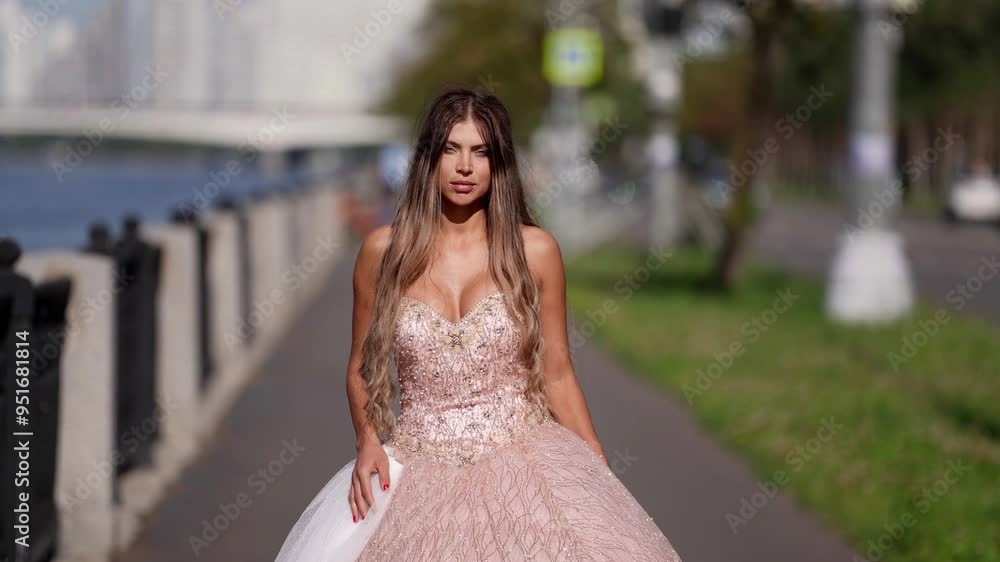 A beautiful girl in an elegant wedding dress strolls through the sunny streets of the city, her dress glitters in the sun, turning her into a real princess. A beautiful girl in an elegant wedding dress strolls through the sunny streets of the city, her dress glitters in the sun, turning her into a real princess.
