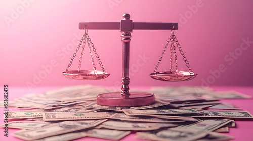 Scales of justice rest on a bed of US dollars, capturing the balance between legal integrity and financial influence.