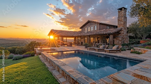 Luxurious country home with an infinity pool overlooking a scenic sunset