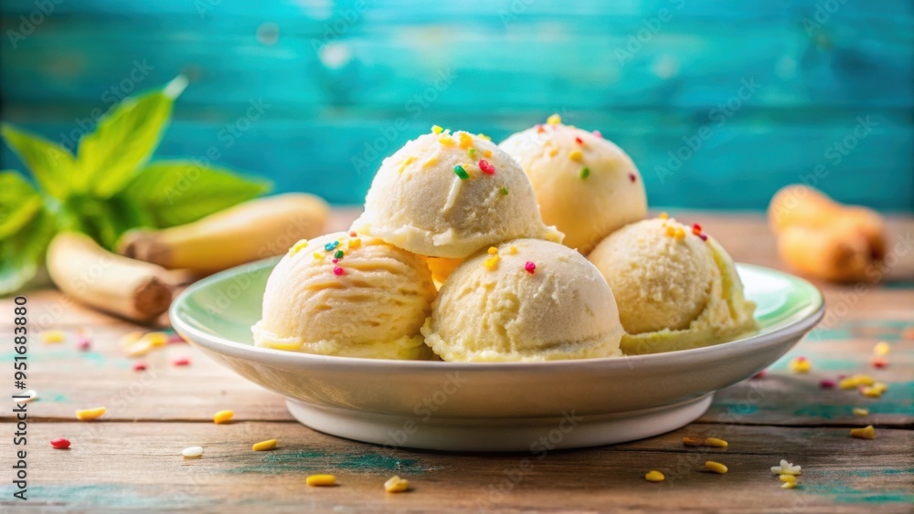 Banana ice cream balls in elegant plate on colorful background, banana, ice cream, balls, plate, blue, pink, background Banana ice cream balls in elegant plate on colorful background, banana, ice cream, balls, plate, blue, pink, background