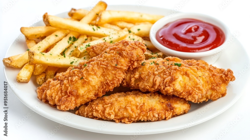Crispy Chicken Tenders with French Fries and Ketchup. Crispy Chicken Tenders with French Fries and Ketchup.
