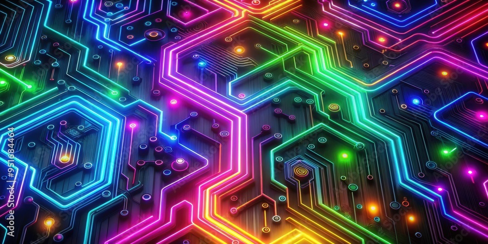 Fototapeta premium Glowing neon circuit board patterns with vibrant colors and futuristic design, technology, circuitry, digital