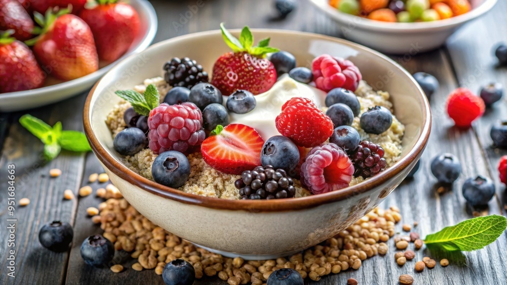 Healthy breakfast bowl with quinoa, flax, oatmeal, berries, and yogurt, quinoa, flax, oatmeal, berries, yogurt, healthy Healthy breakfast bowl with quinoa, flax, oatmeal, berries, and yogurt, quinoa, flax, oatmeal, berries, yogurt, healthy
