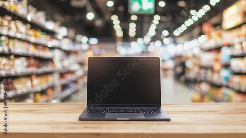 A slim laptop on a wooden table inside a supermarket, mockup shot, professional product photography