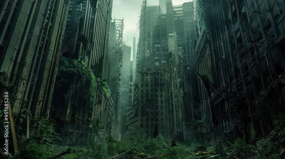 Naklejka premium postapocalyptic cityscape with crumbling skyscrapers overgrown vegetation reclaiming streets dramatic lighting sense of abandonment and decay