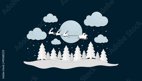 Winter landscape background. Illustration with christmas tree and snowflakes. Merry Christmas greeting card. Paper cut out design.