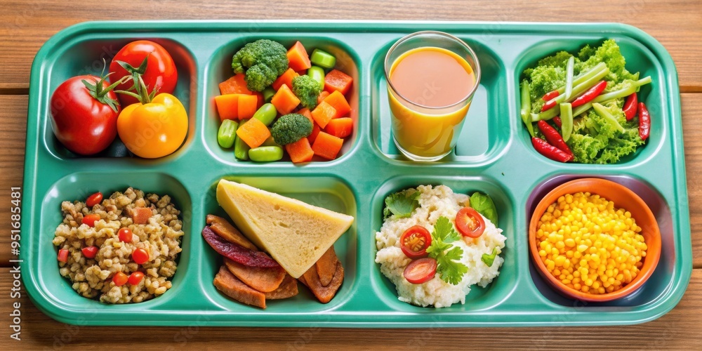 Colorful and nutritious school meal spread on a cafeteria tray , school, meal, lunch, healthy, vegetables, fruits, kids Colorful and nutritious school meal spread on a cafeteria tray , school, meal, lunch, healthy, vegetables, fruits, kids