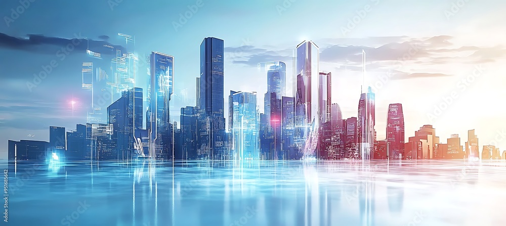 A futuristic skyline with floating buildings and digital interfaces A futuristic skyline with floating buildings and digital interfaces