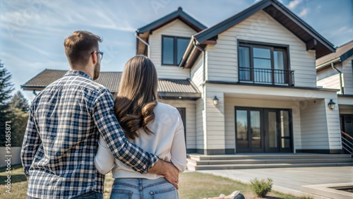  rear view of young couple looking at their new house