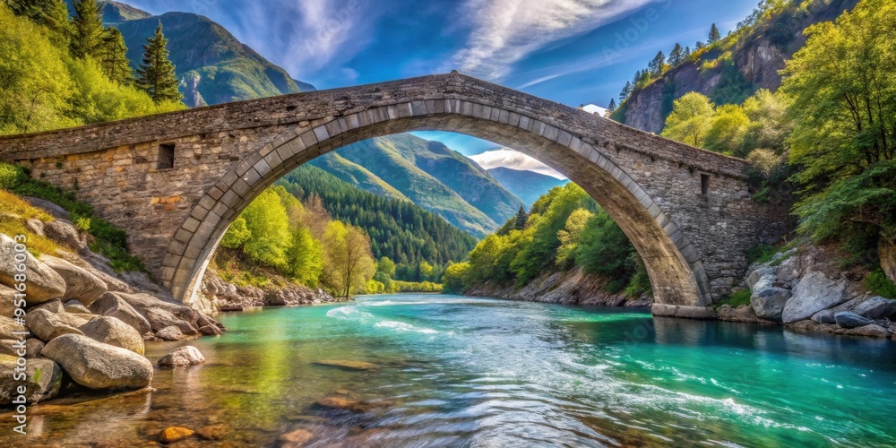 Semi-arch stone bridge over a mountain river with blue water , bridge, stone, arch, river, blue, water, mountains, beautiful Semi-arch stone bridge over a mountain river with blue water , bridge, stone, arch, river, blue, water, mountains, beautiful