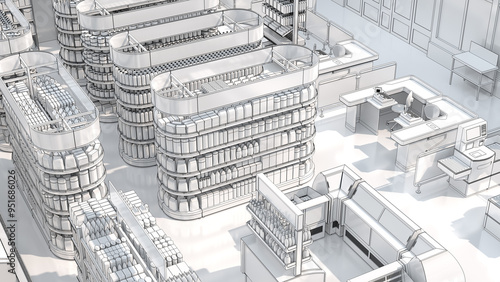 Isometric interior drawing of supermarket with shelves of blank goods, refrigerators, checkout counters and self-service checkout. 3d illustration