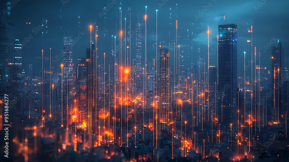 Glowing lines weave through a futuristic cityscape at night, illuminating the skyline with a network of vibrant, interconnected lights. Glowing lines weave through a futuristic cityscape at night, illuminating the skyline with a network of vibrant, interconnected lights.